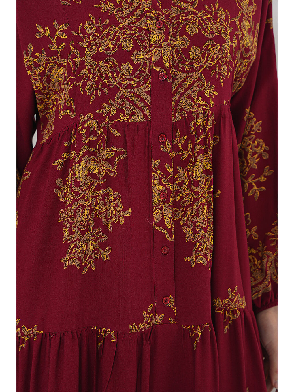 Kırmızı Bordo Gold Desenli Tesettür Elbise 2423-4