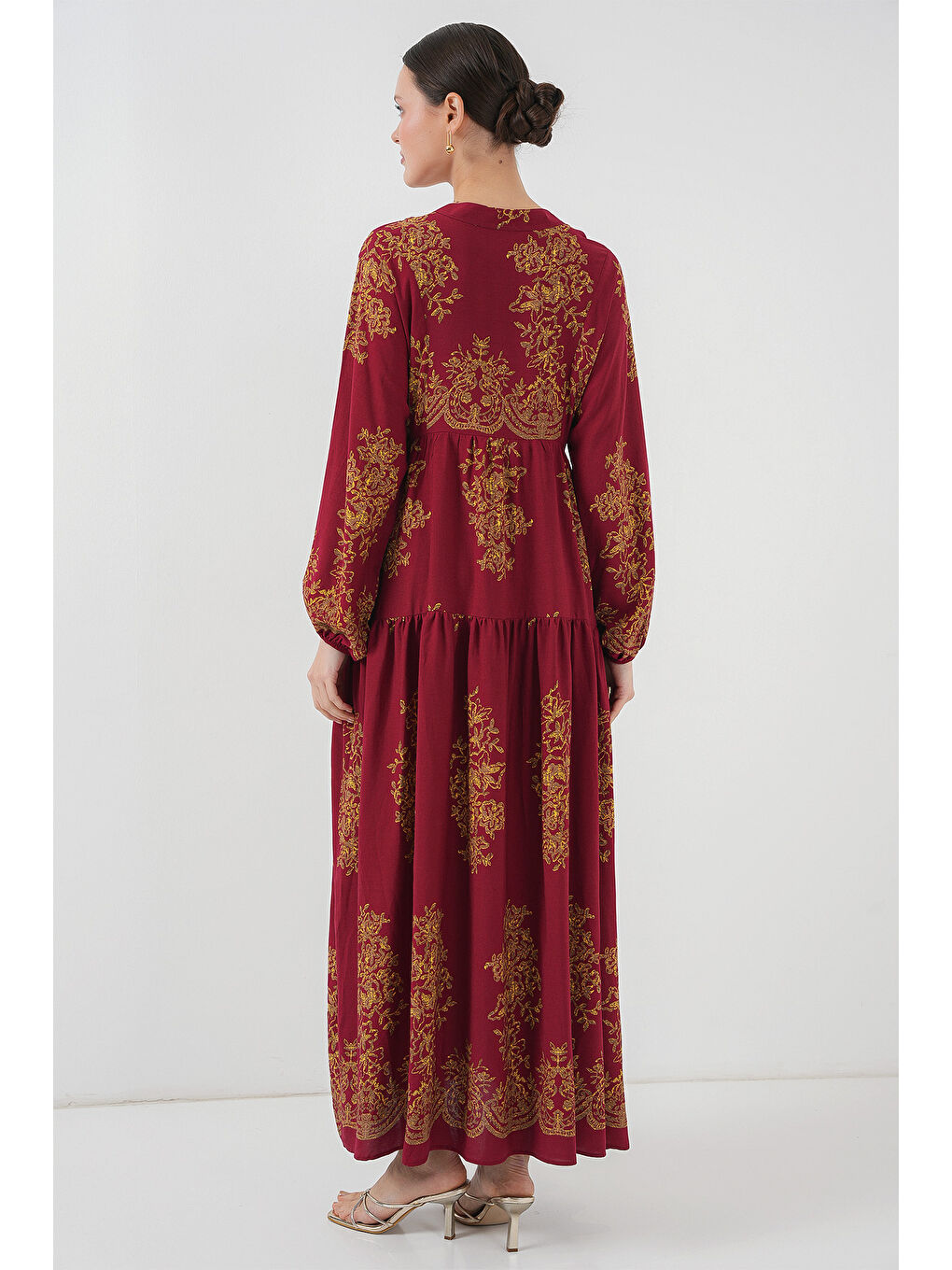Kırmızı Bordo Gold Desenli Tesettür Elbise 2423-5