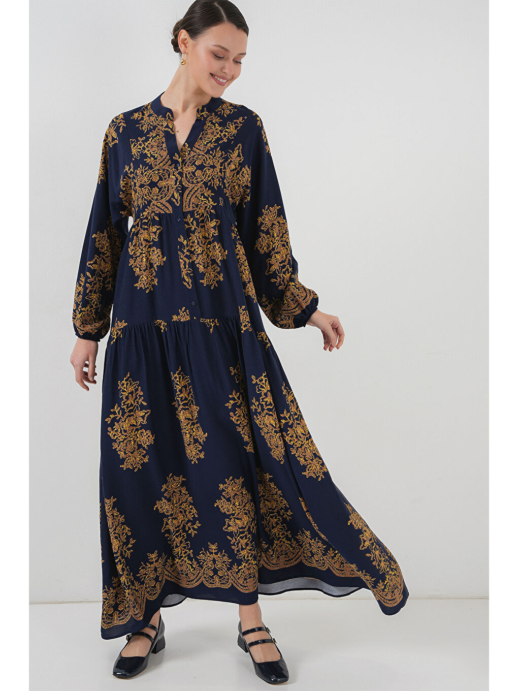 Mavi Lacivert Gold Desenli Tesettür Elbise 2423