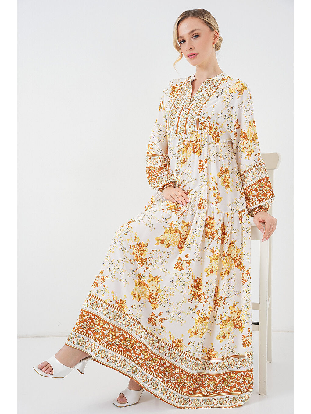 Sarı 2423 Otantik Desenli Hardal Elbise-1