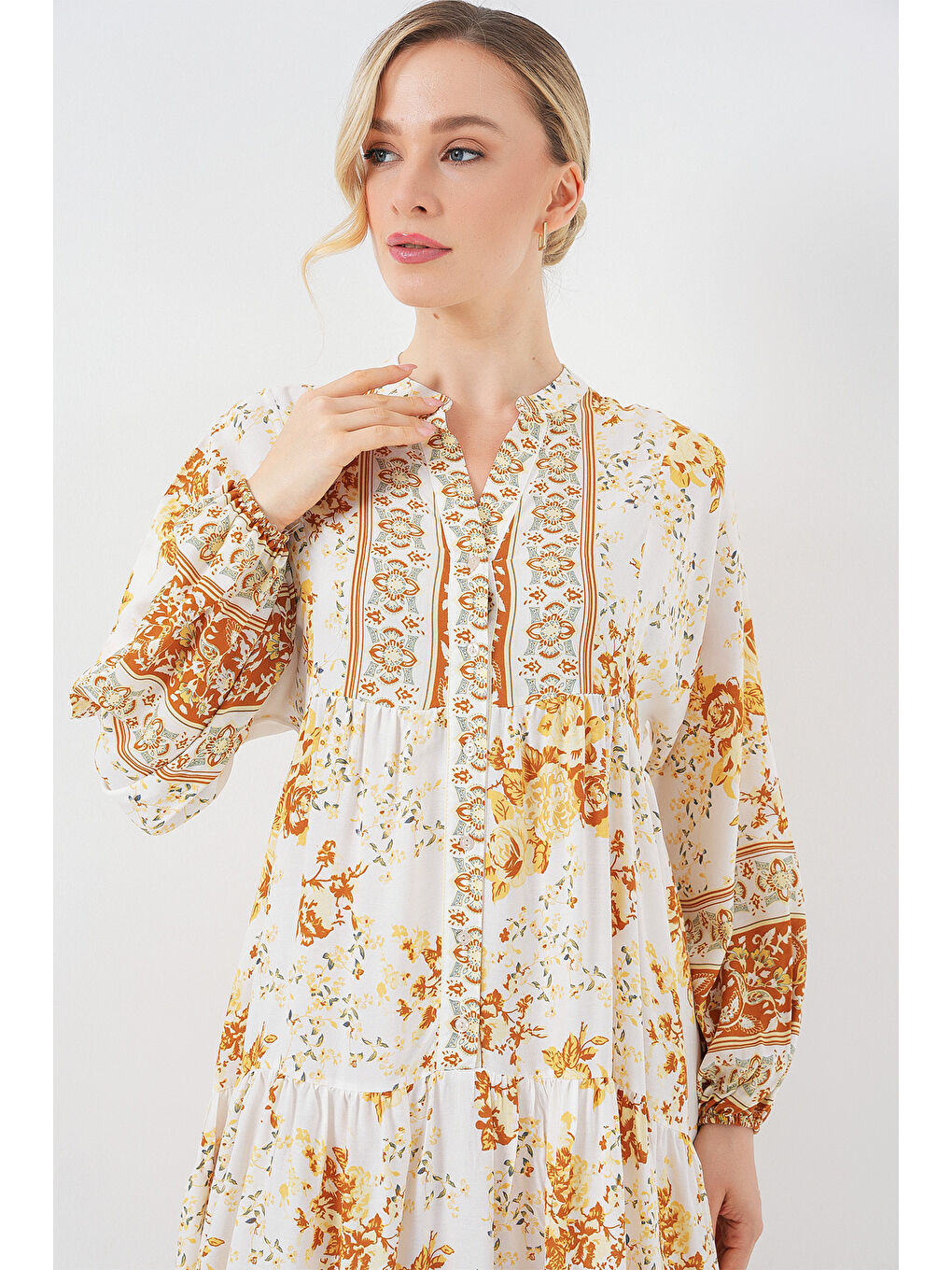 Sarı 2423 Otantik Desenli Hardal Elbise-2