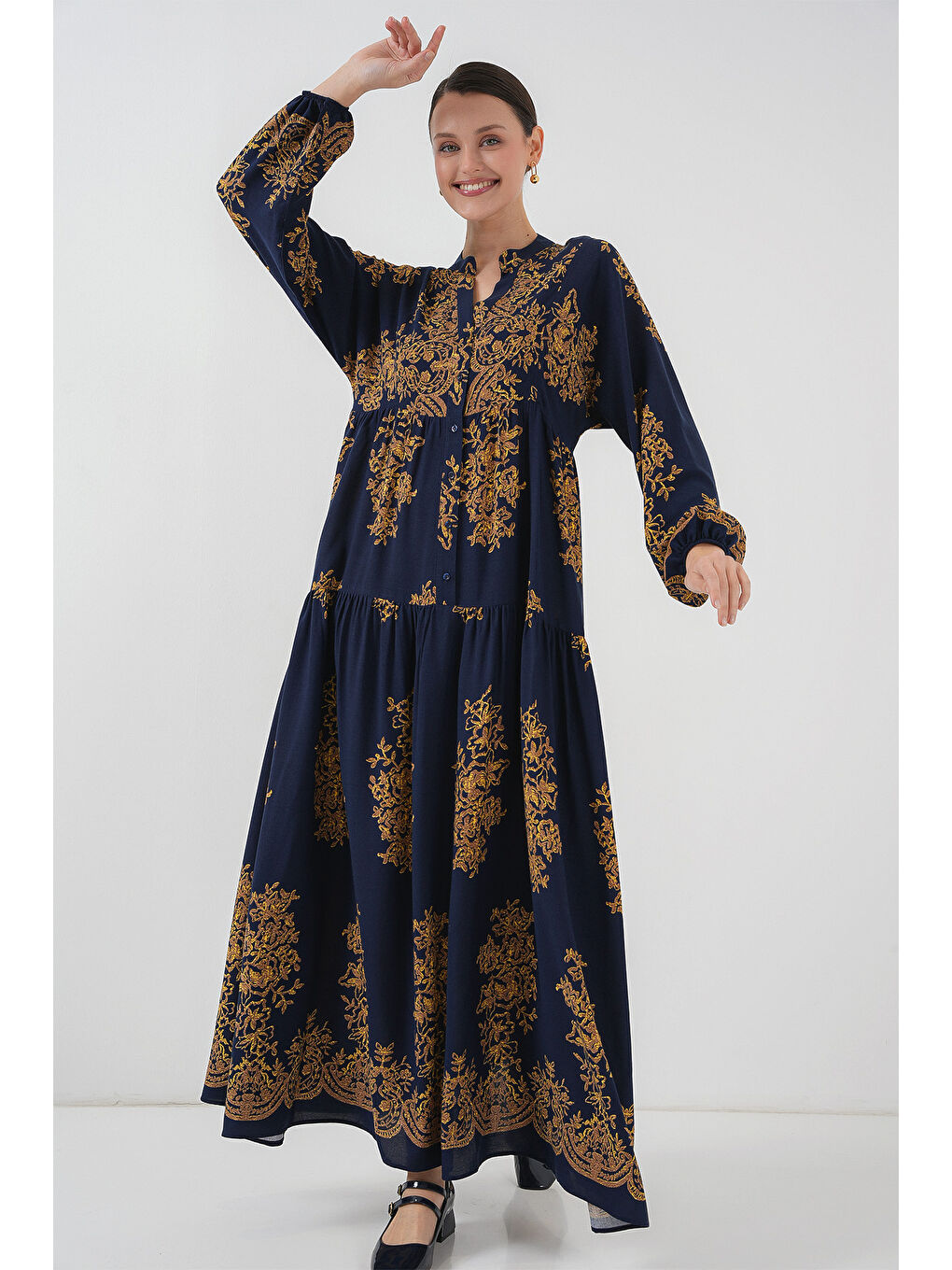 Mavi Lacivert Gold Desenli Tesettür Elbise 2423-3
