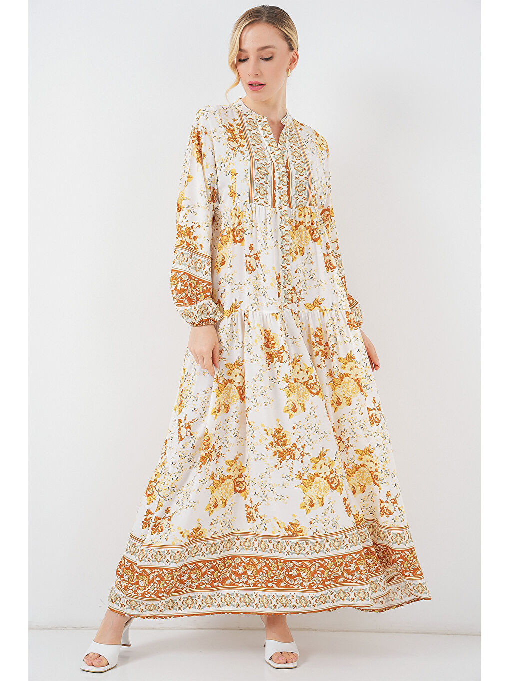 Sarı 2423 Otantik Desenli Hardal Elbise-3