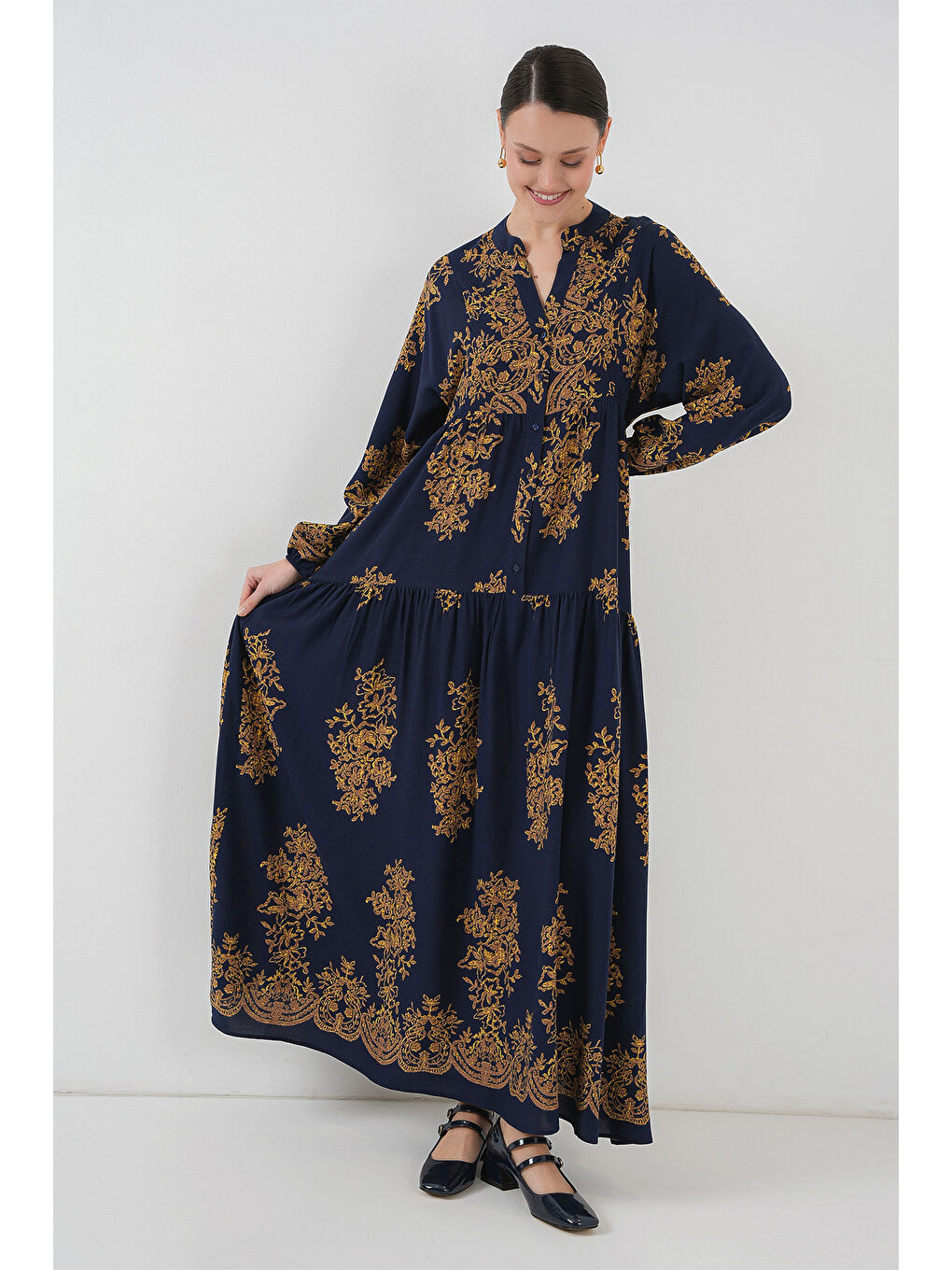Mavi Lacivert Gold Desenli Tesettür Elbise 2423-4