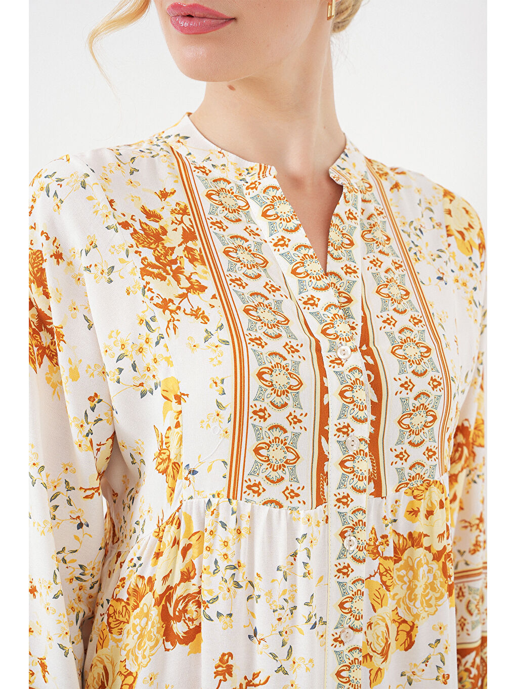 Sarı 2423 Otantik Desenli Hardal Elbise-4