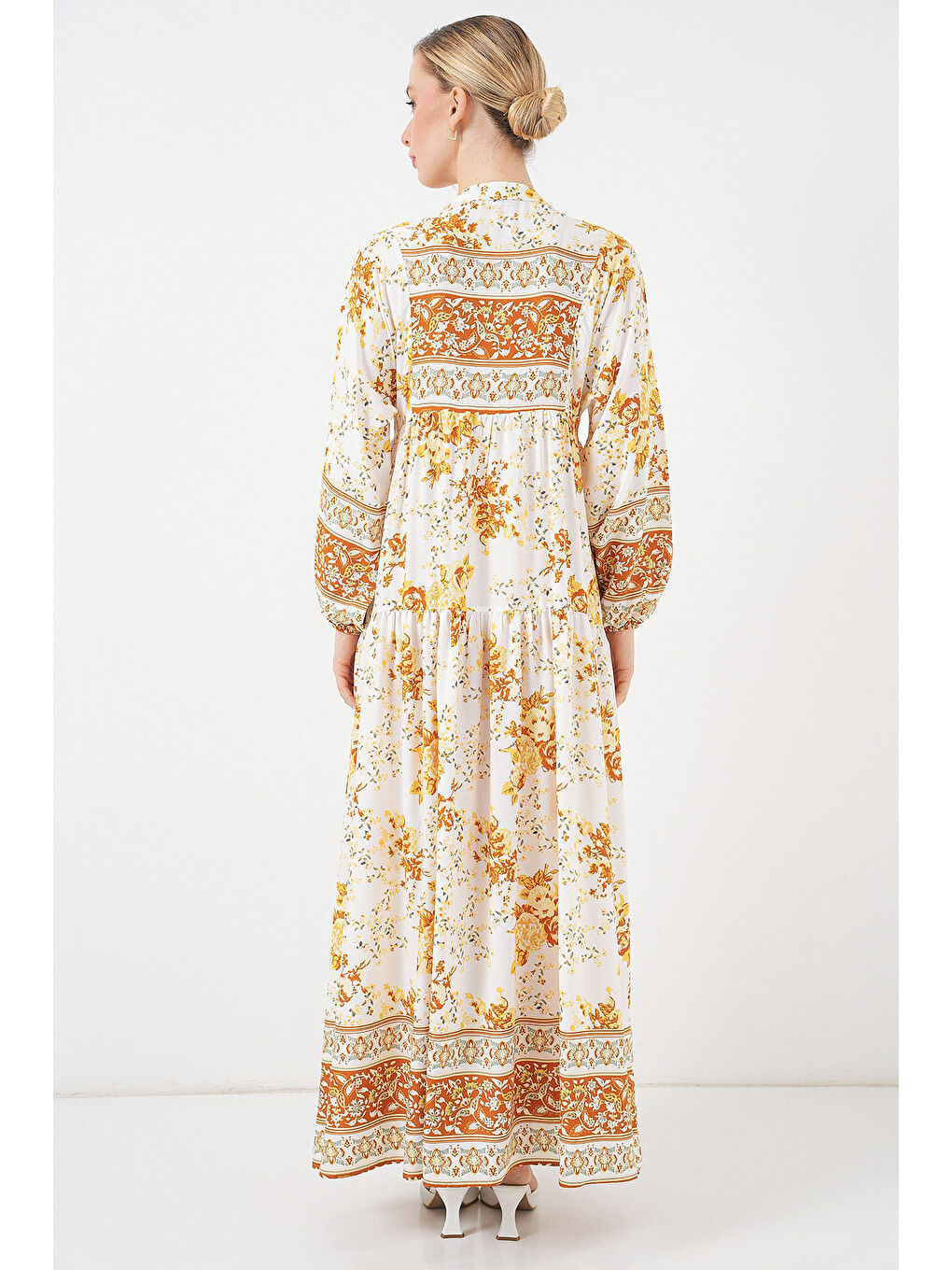 Sarı 2423 Otantik Desenli Hardal Elbise-5