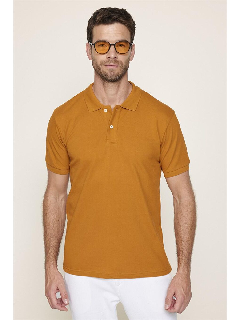 Kahverengi Erkek Polo Yaka Slim Fit Düz Pamuk Pike Tişört-1