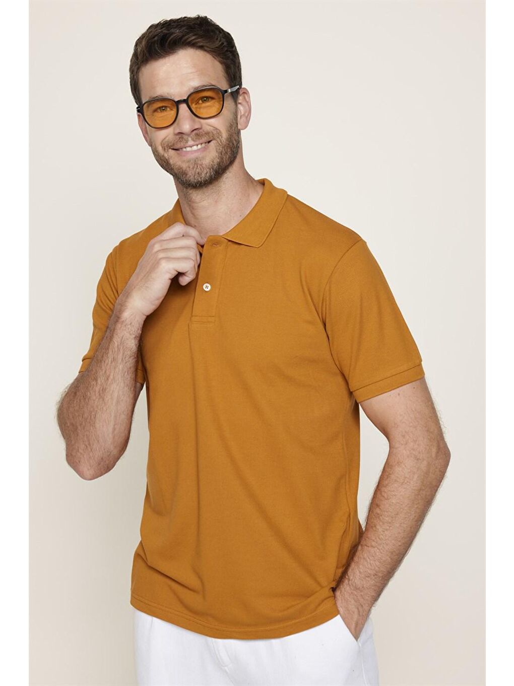 Kahverengi Erkek Polo Yaka Slim Fit Düz Pamuk Pike Tişört-2