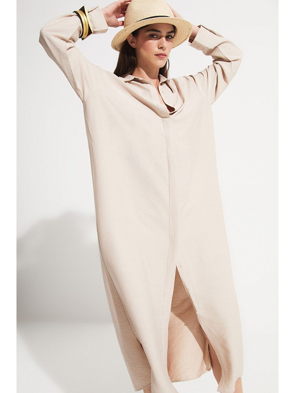 Bej Exclusive %100 Pamuk Elbise-4