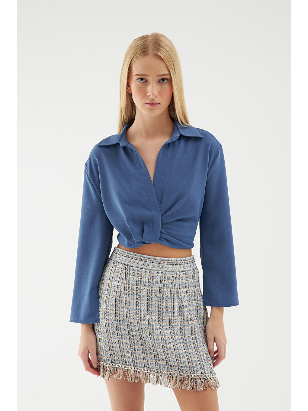 Beli Lastikli Crop Gömlek İndigo