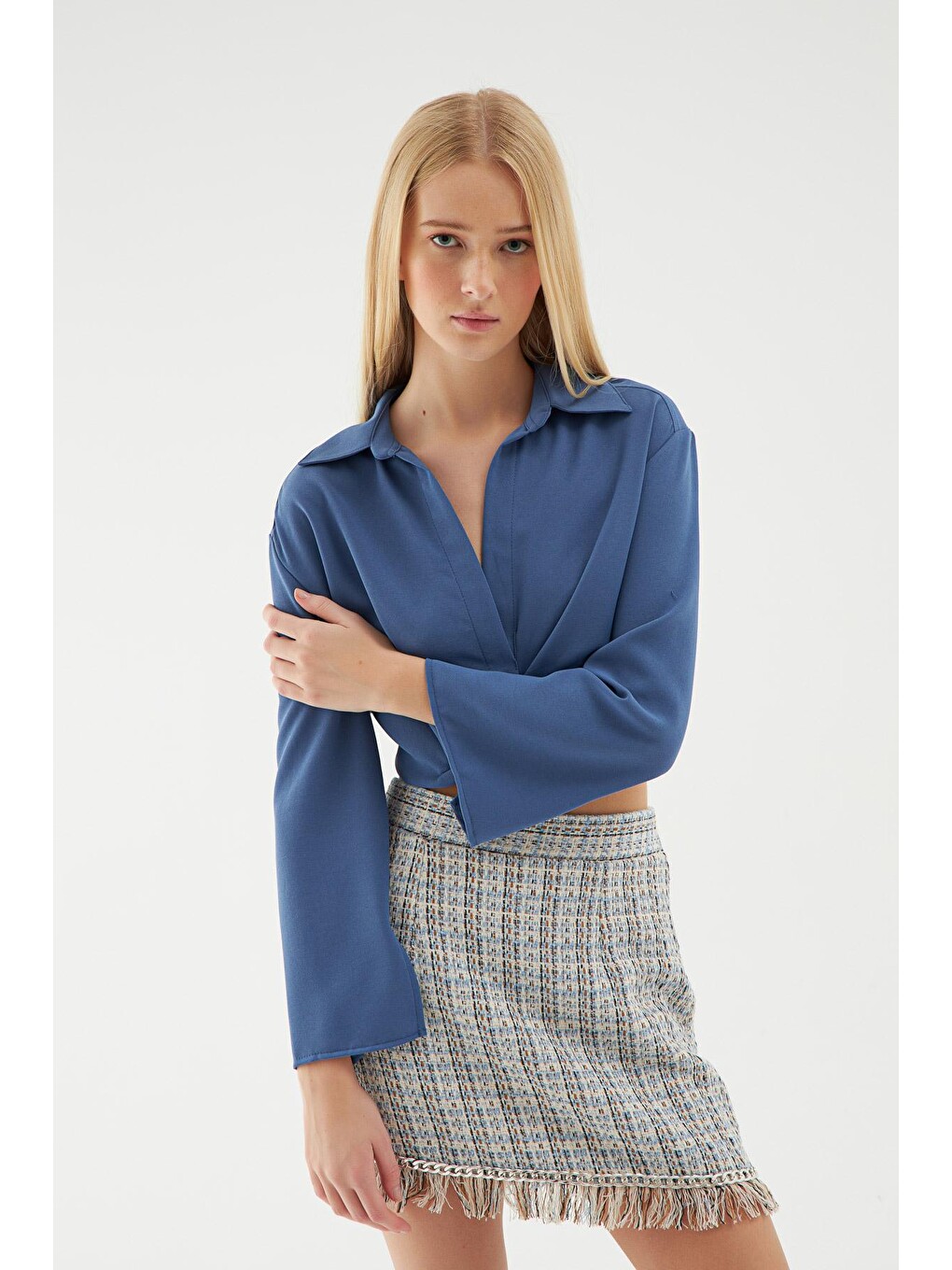 Beli Lastikli Crop Gömlek İndigo-1