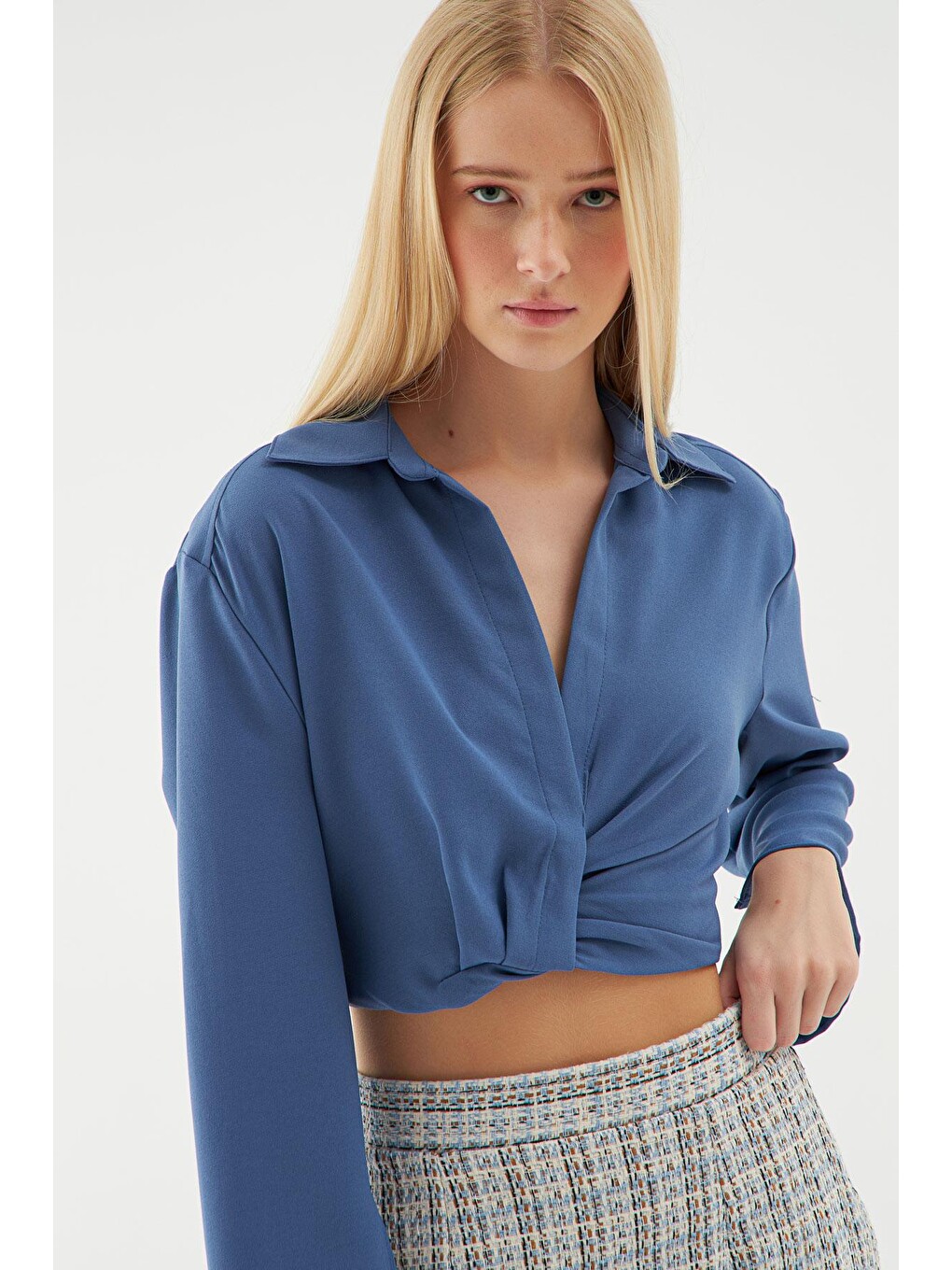Beli Lastikli Crop Gömlek İndigo-2