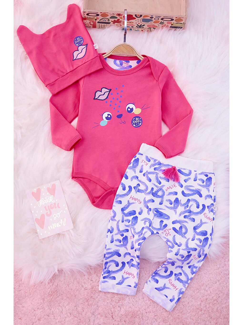 Pembe Kedi Baskılı Payetli Çıtçıtlı Badili Kız Bebek Takım 17139
