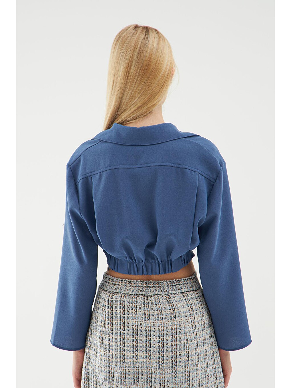Beli Lastikli Crop Gömlek İndigo-4