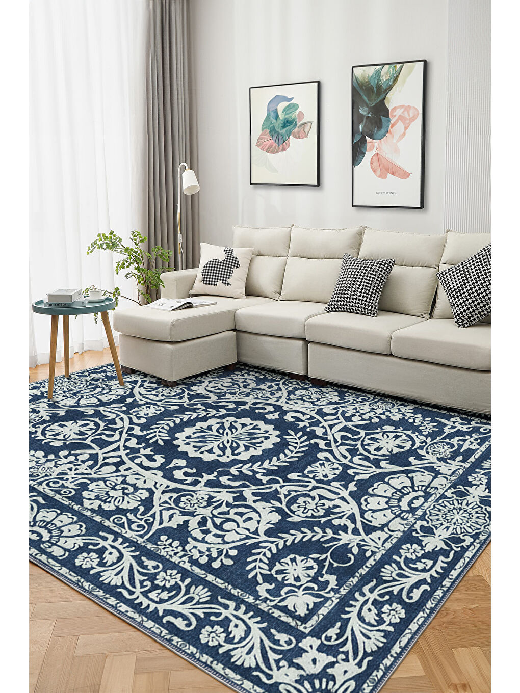 Lacivert Dekoratif Özel Tasarım Yıkanabilir İnce Kaymaz Tabanlı Modern Halı KECE FR23-2