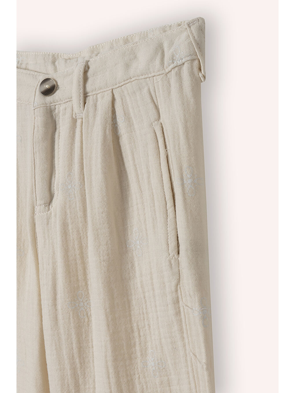 Kız Çocuk Etnik Nakışlı Müslin Bej Pantolon-1