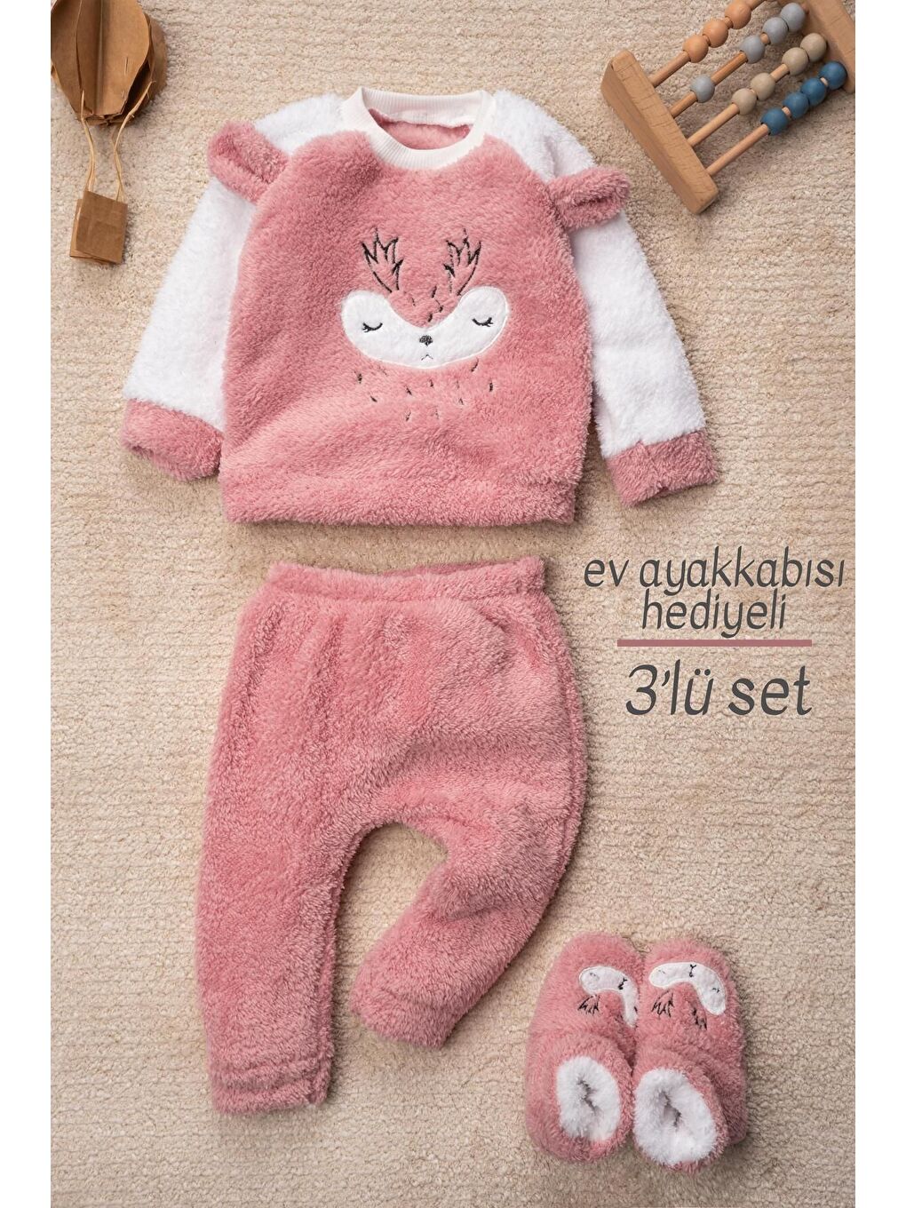 Pembe Kız Welsoft 3 Parça Geyik Desenli  Ev Ayakkabısı Hediyeli Bebek Takım