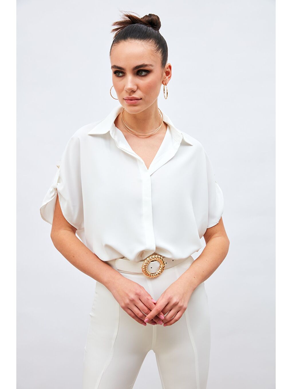 Kol Detaylı Salaş Gömlek - Ekru-1