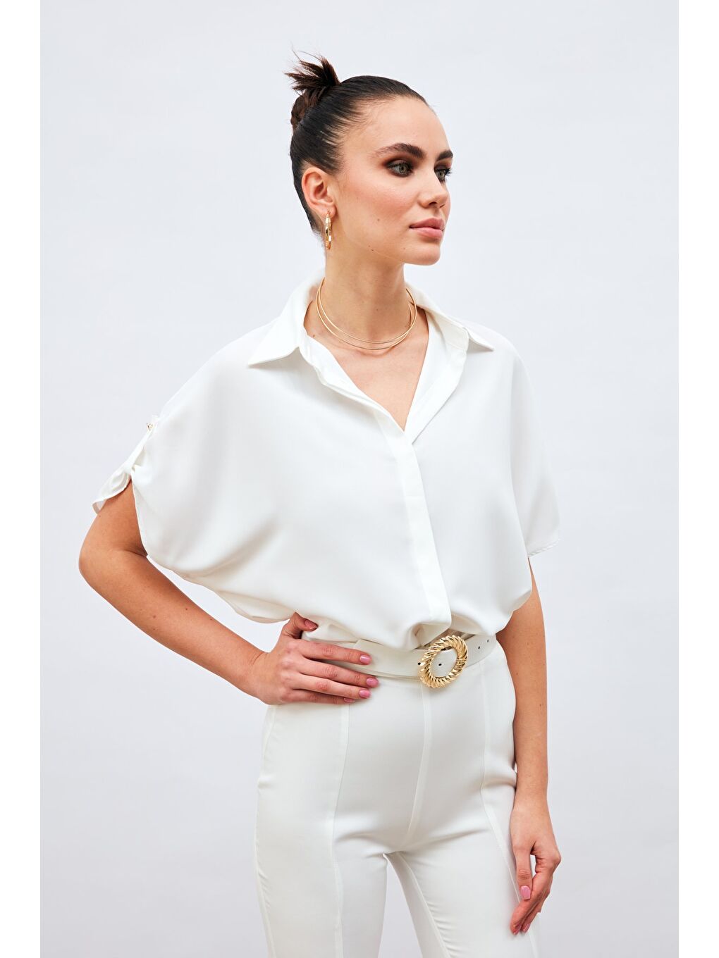 Kol Detaylı Salaş Gömlek - Ekru-2