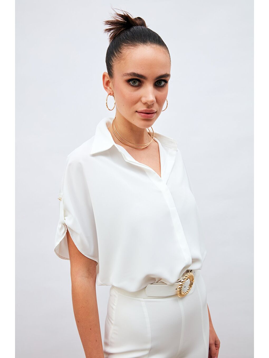 Kol Detaylı Salaş Gömlek - Ekru-3