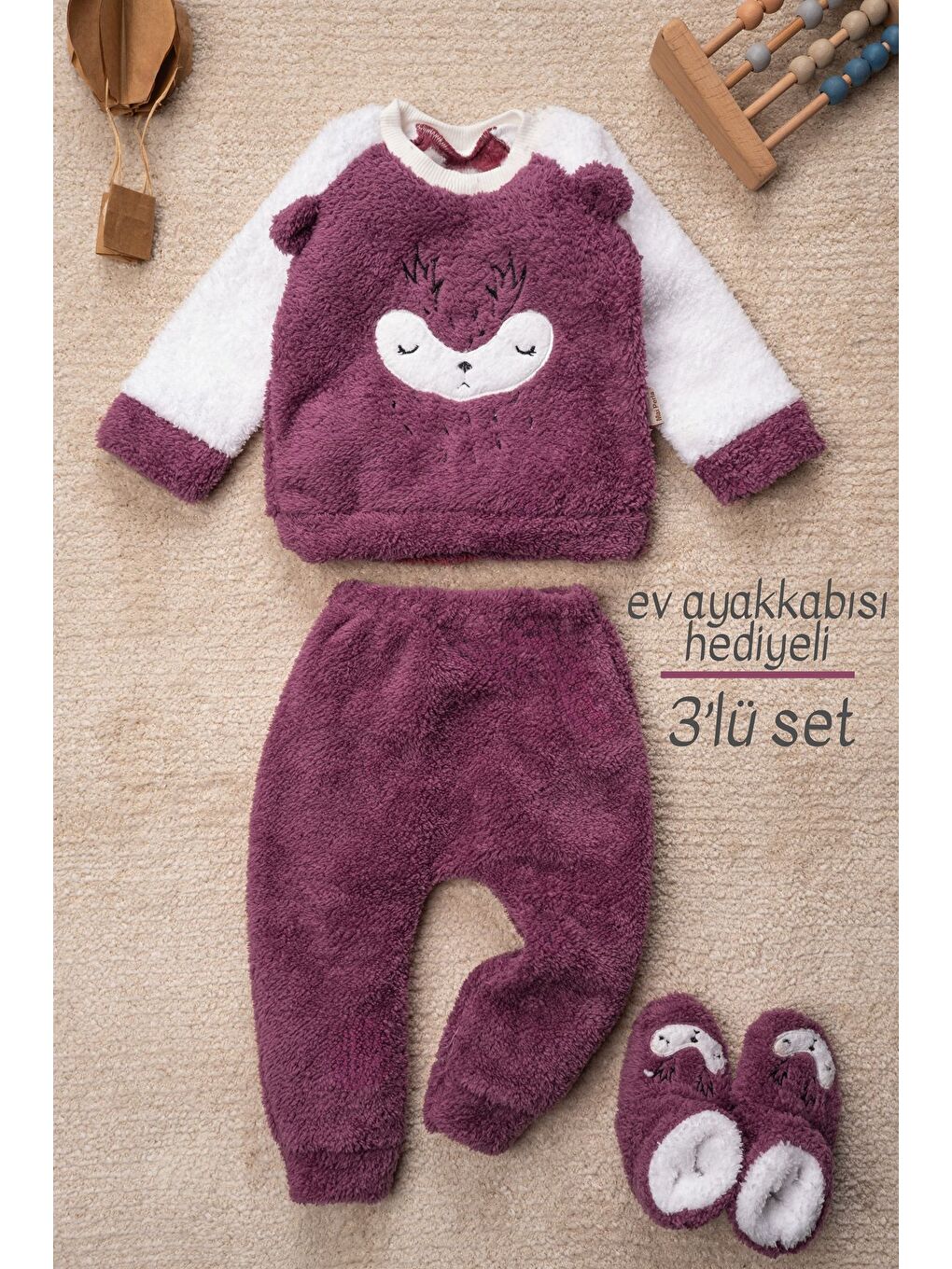 Mor Kız Welsoft 3 Parça Geyik Desenli  Ev Ayakkabısı Hediyeli Bebek Takım
