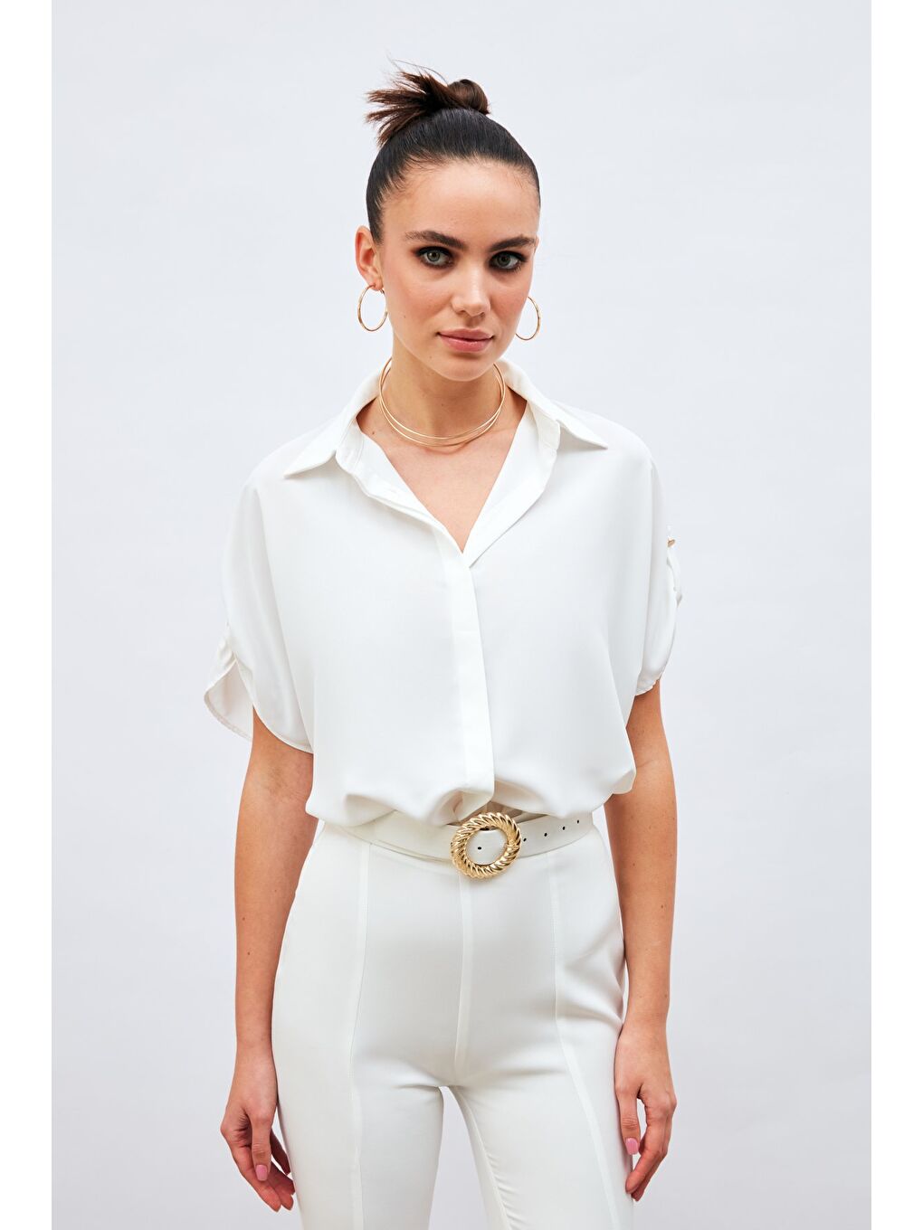 Kol Detaylı Salaş Gömlek - Ekru-4