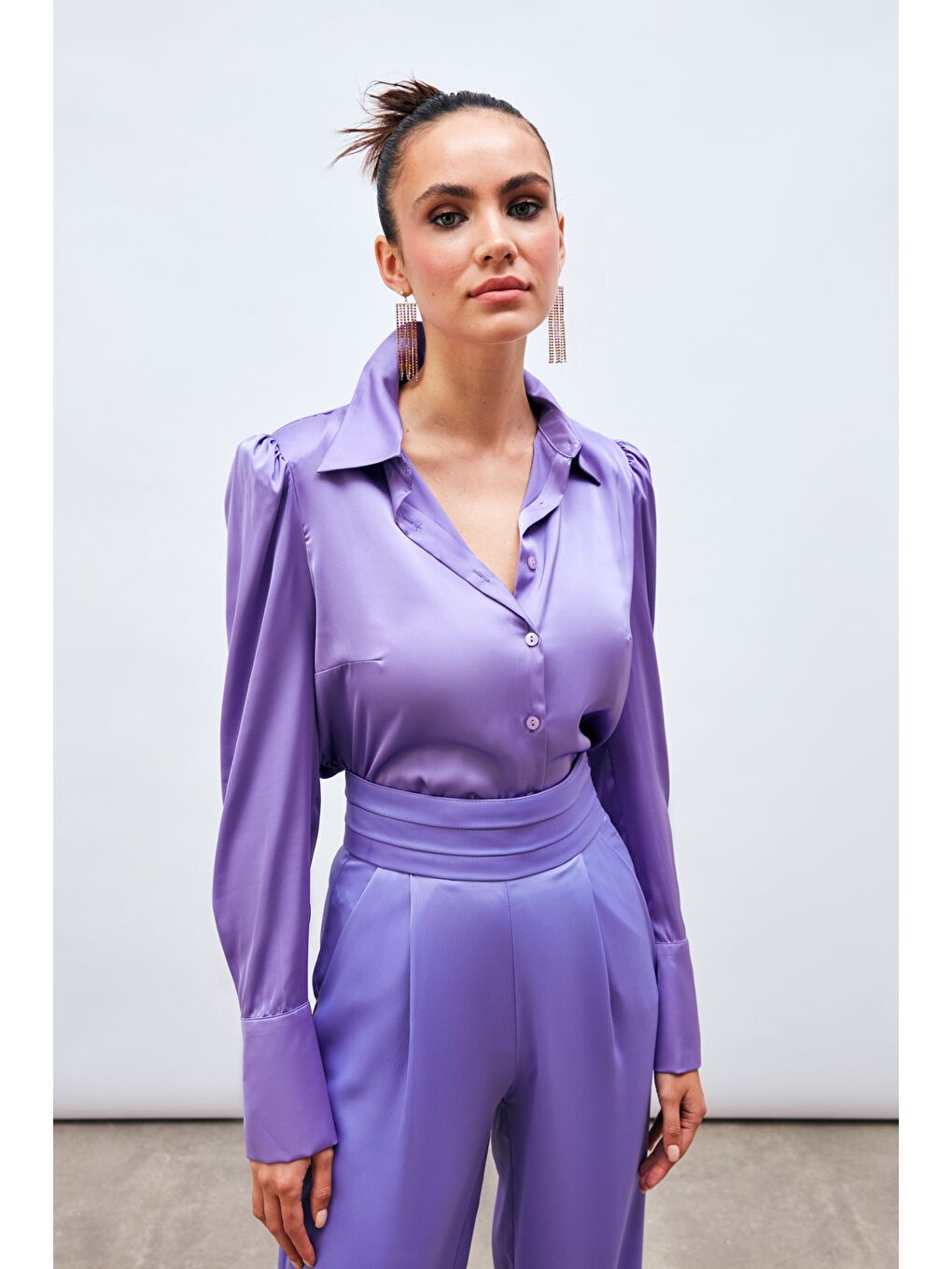 SATEEN Vatkalı Saten Gömlek - Mor