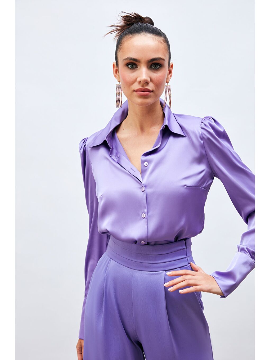 SATEEN Vatkalı Saten Gömlek - Mor - 1
