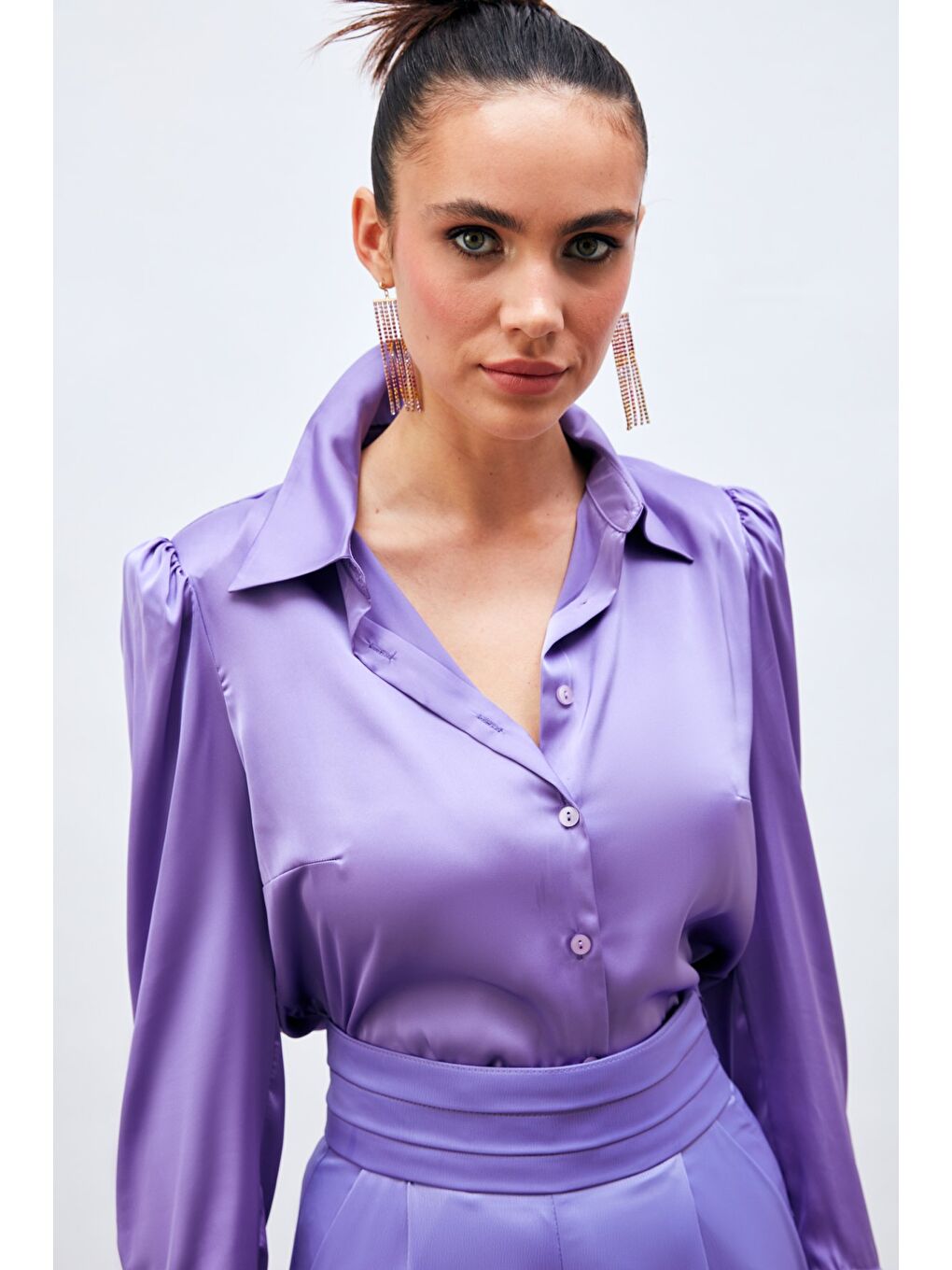 SATEEN Vatkalı Saten Gömlek - Mor - 3