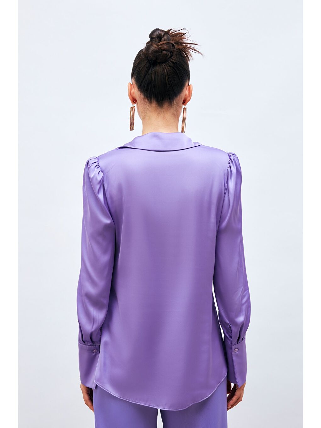 SATEEN Vatkalı Saten Gömlek - Mor - 4