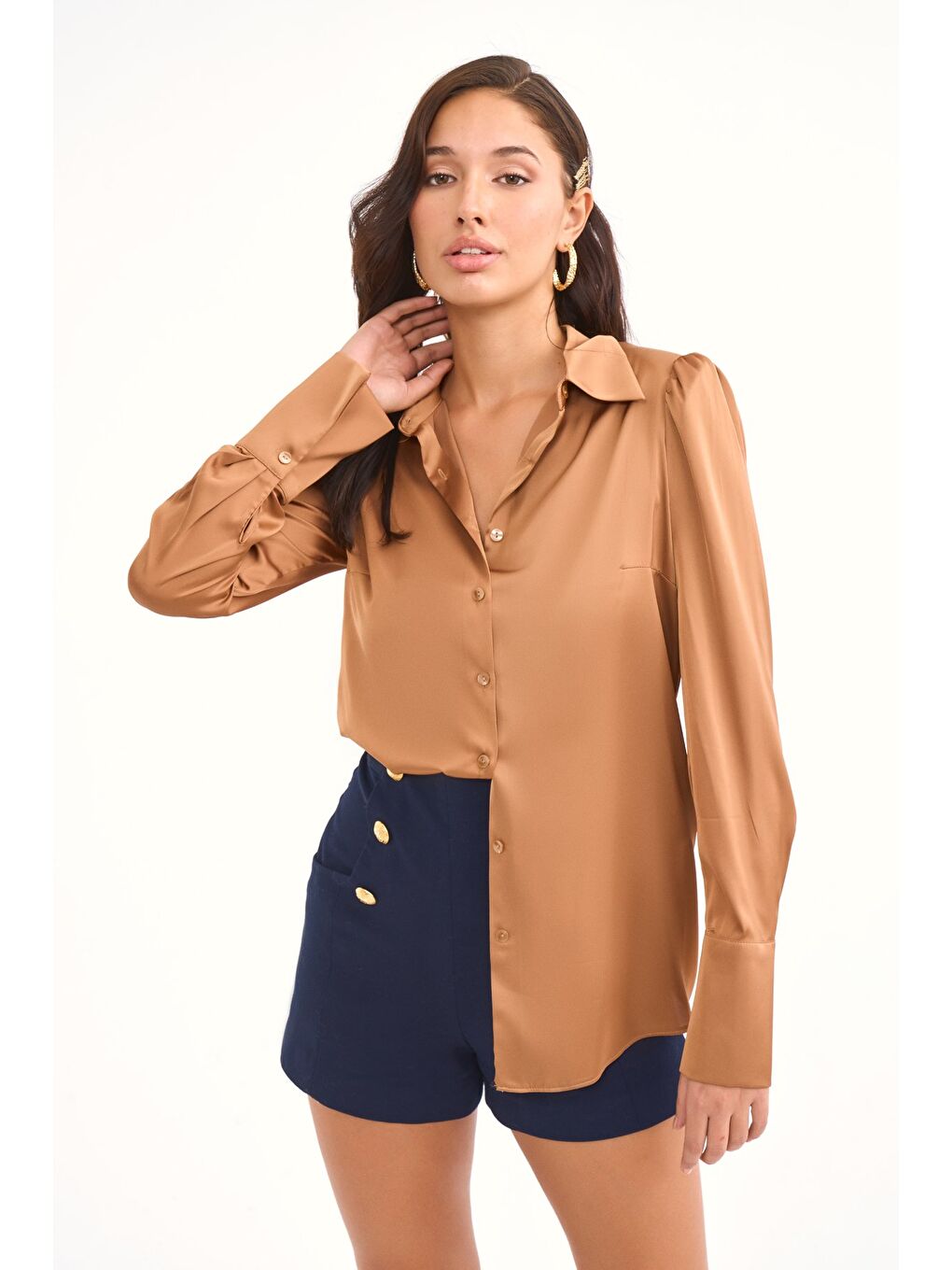 Kahverengi Vatkalı Saten Gömlek - Camel-1