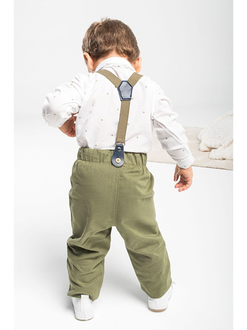 Haki Zıbın Gömlekli 4 Parça Papyon ve Salopetli Bebek Takım Elbise-1