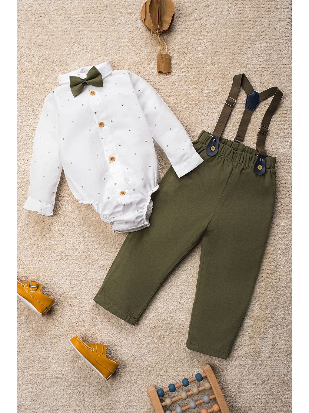 Haki Zıbın Gömlekli 4 Parça Papyon ve Salopetli Bebek Takım Elbise-2