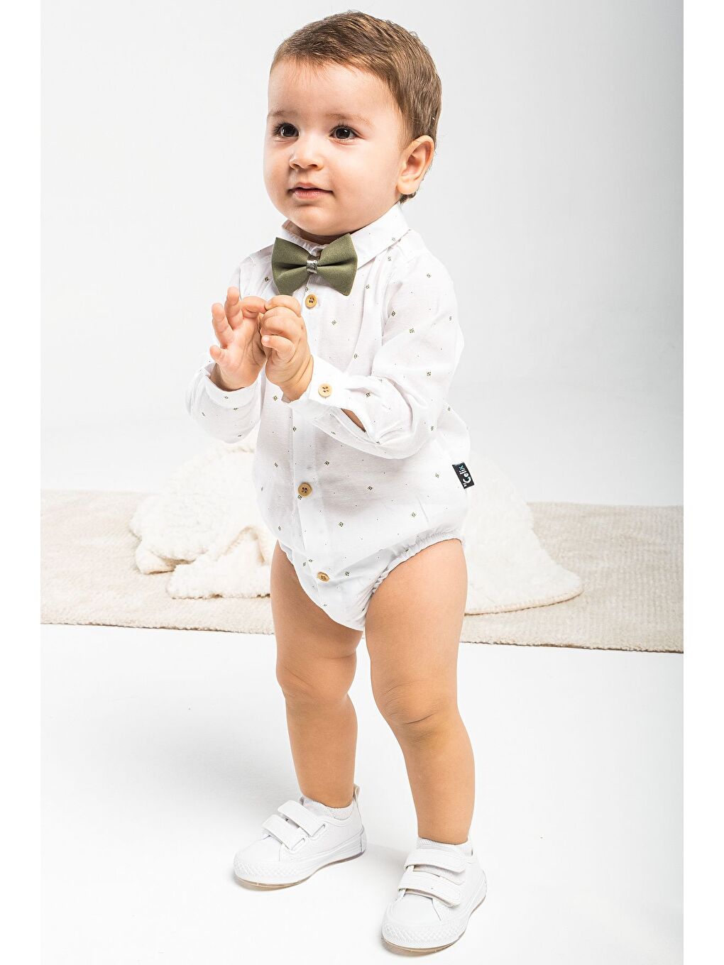 Haki Zıbın Gömlekli 4 Parça Papyon ve Salopetli Bebek Takım Elbise-4