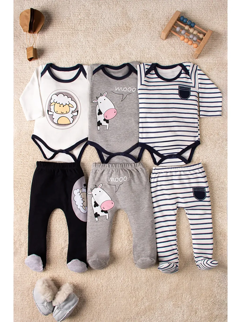 Mai Perla Gri İnek ve Kuzu Desenli 6 Parça 3 lü Unisex Bebek Takımı