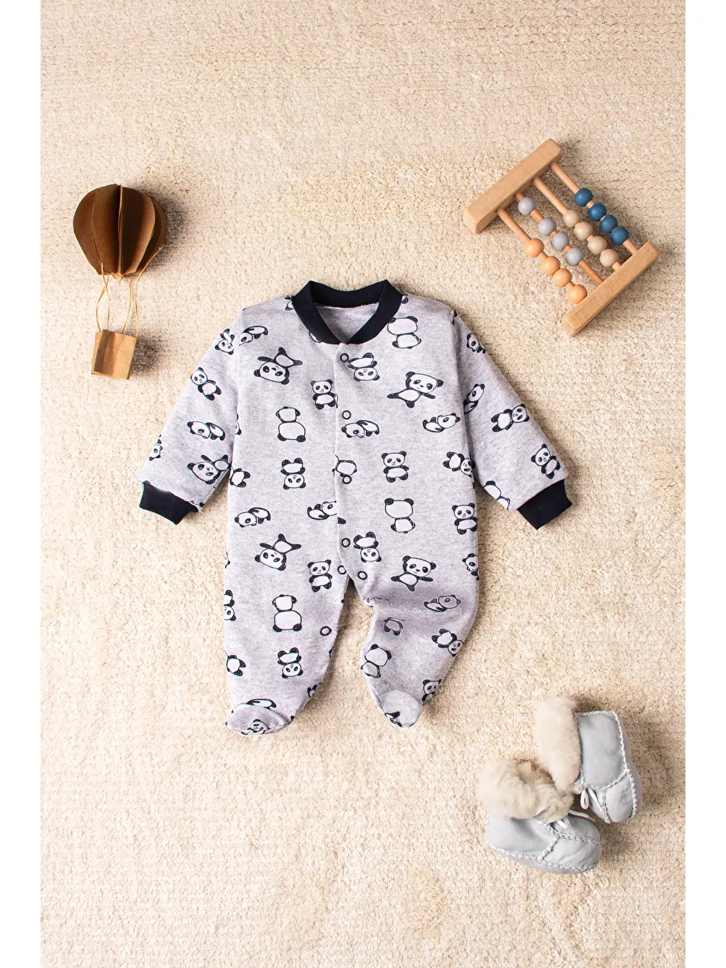 Gri Panda Siyah Beyaz Renkli 3' Lü Bebek Tulum Seti-2