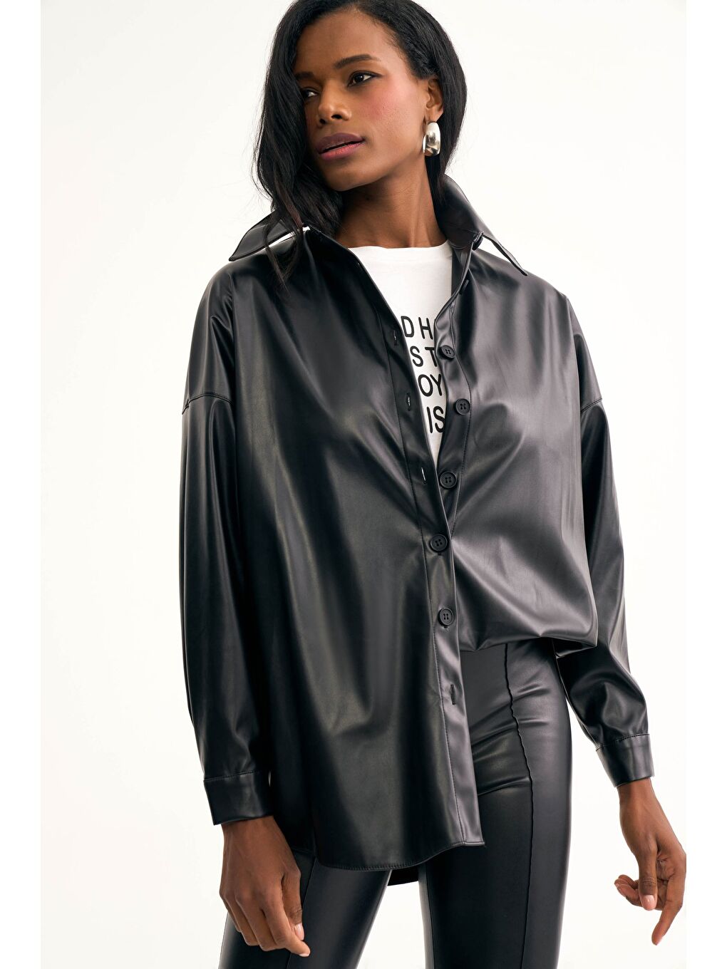 Deri Salaş Gömlek Ceket - Siyah-2