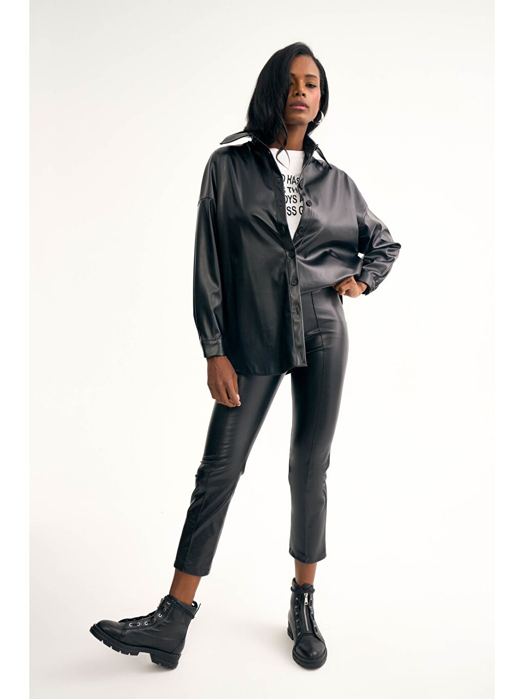 Deri Salaş Gömlek Ceket - Siyah-3