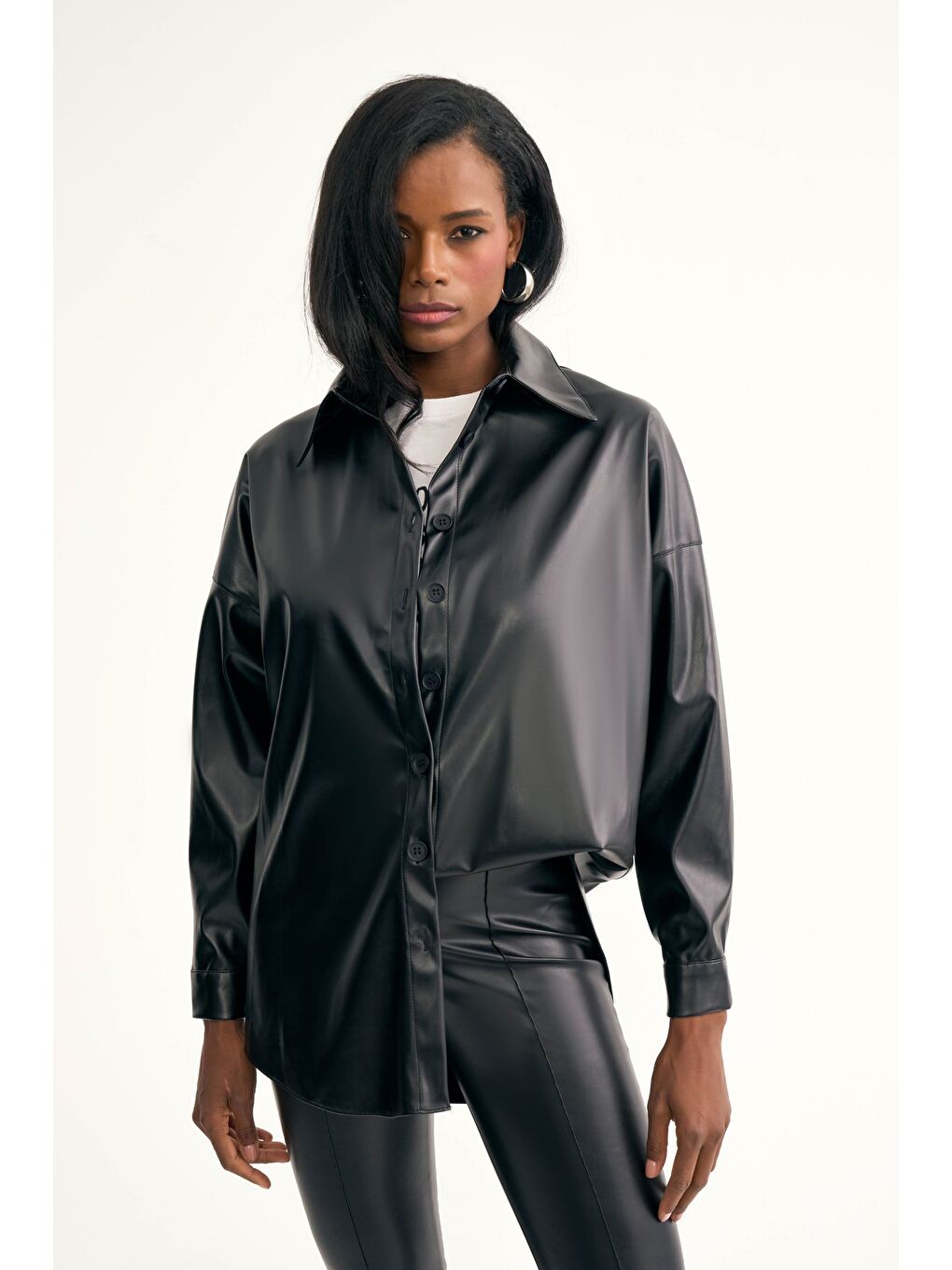 Deri Salaş Gömlek Ceket - Siyah-4
