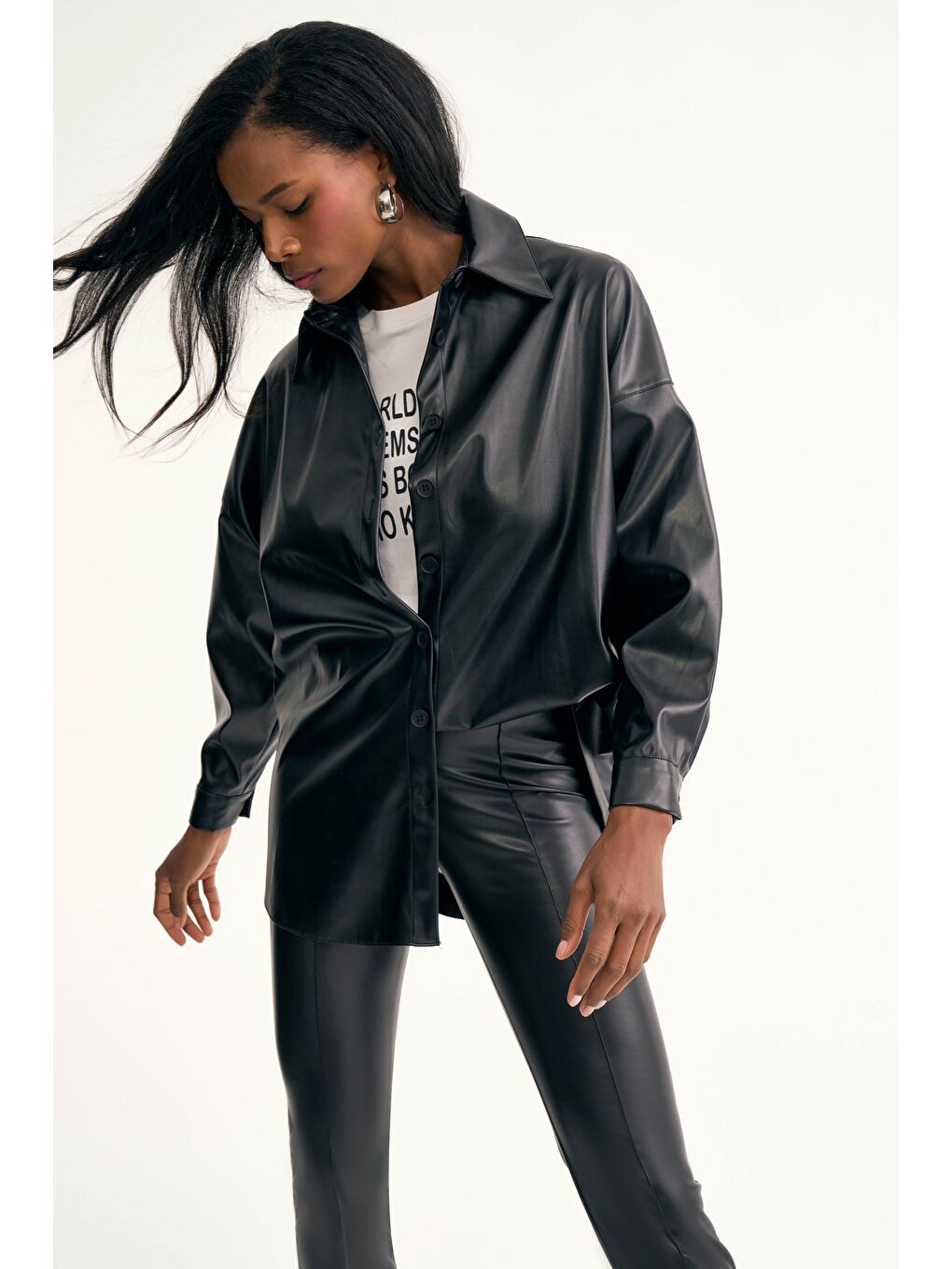 Deri Salaş Gömlek Ceket - Siyah-5