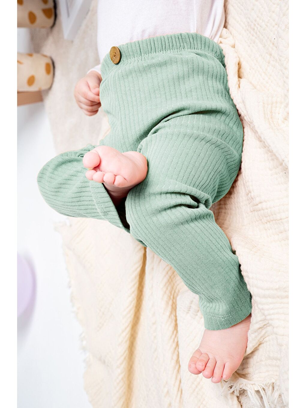 Yeşil Unisex Organik Pamuk Düğme Desenli Fitilli Çocuk Tayt Bebek Tayt