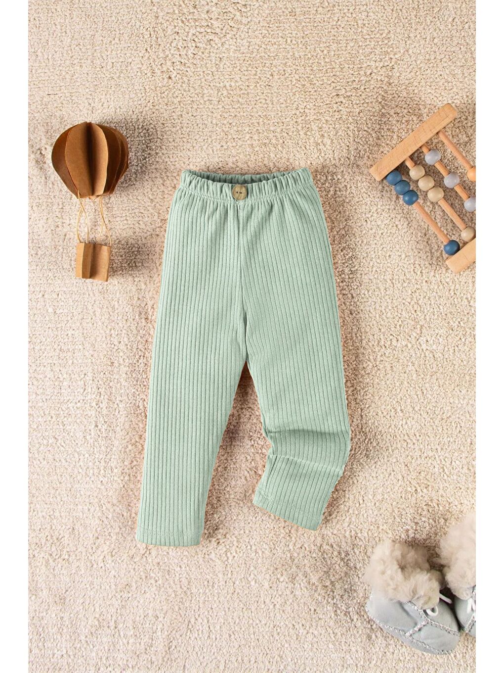 Yeşil Unisex Organik Pamuk Düğme Desenli Fitilli Çocuk Tayt Bebek Tayt-1