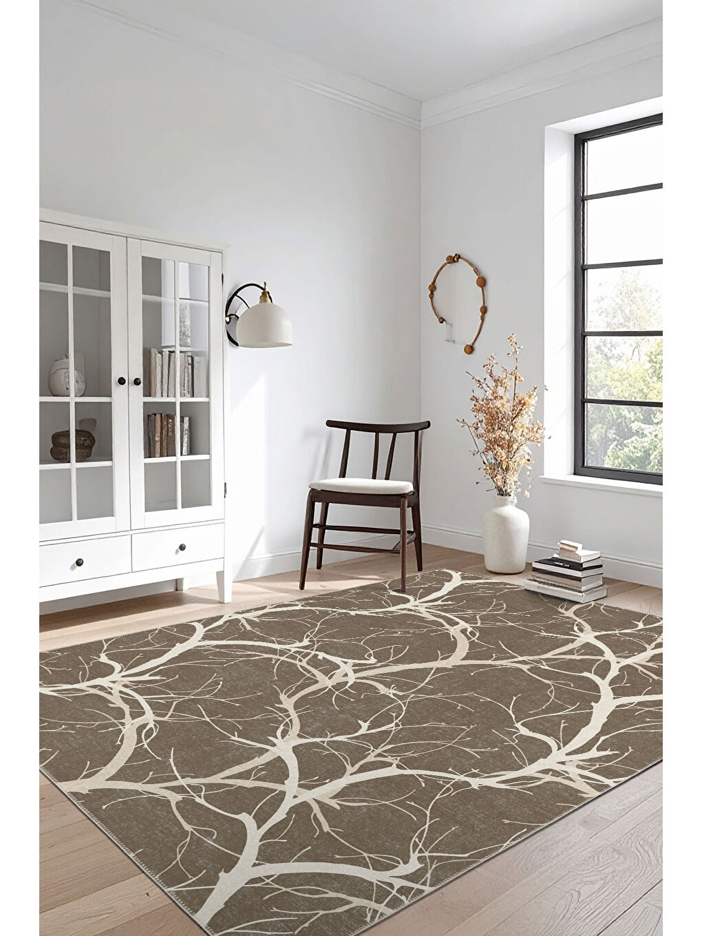 Kahverengi Dekoratif Özel Tasarım Yıkanabilir İnce Kaymaz Tabanlı Modern Halı KECE FR19-1