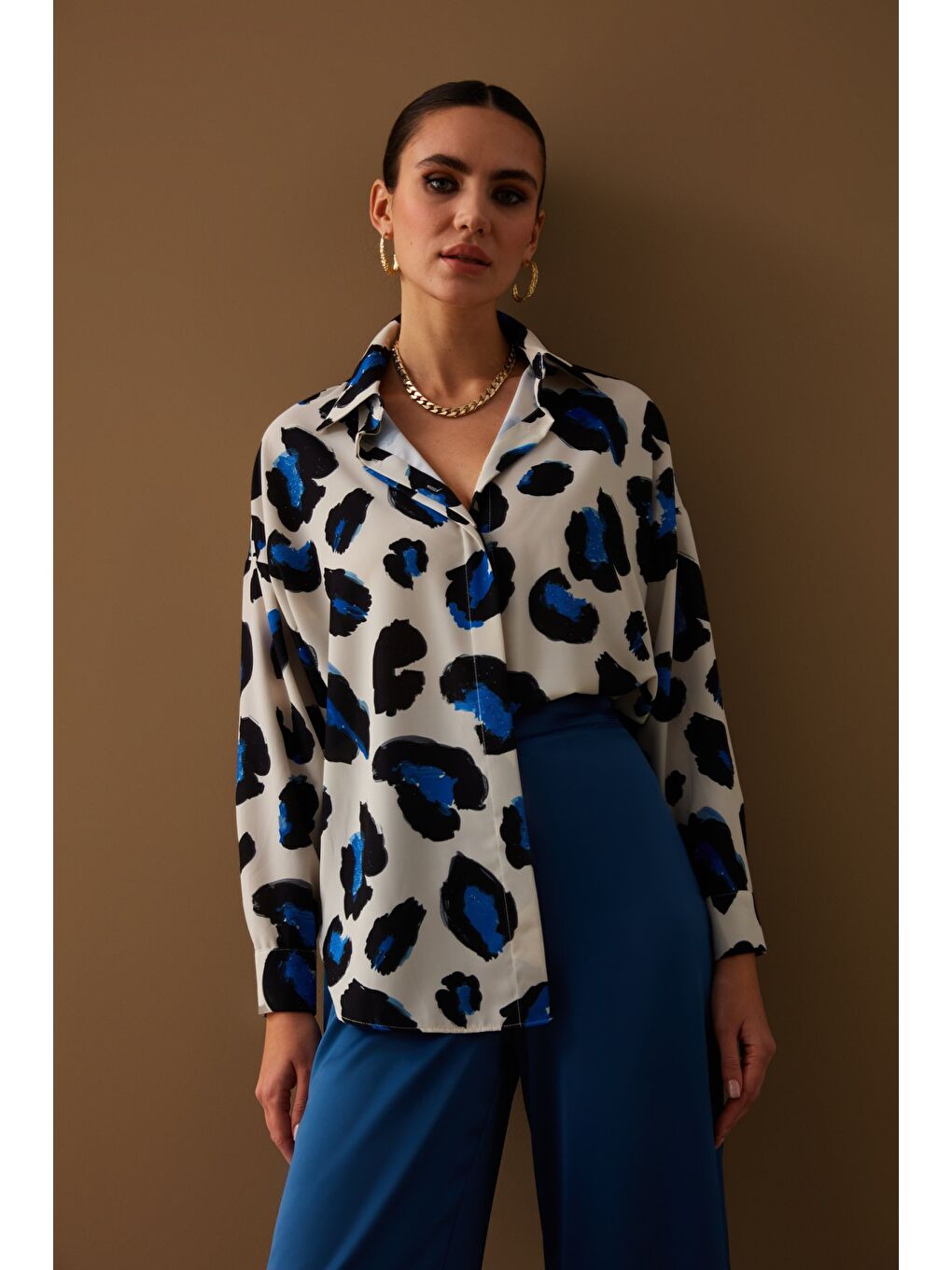 Renkli Leopar Desenli Salaş Gömlek - Sax Mavi-1