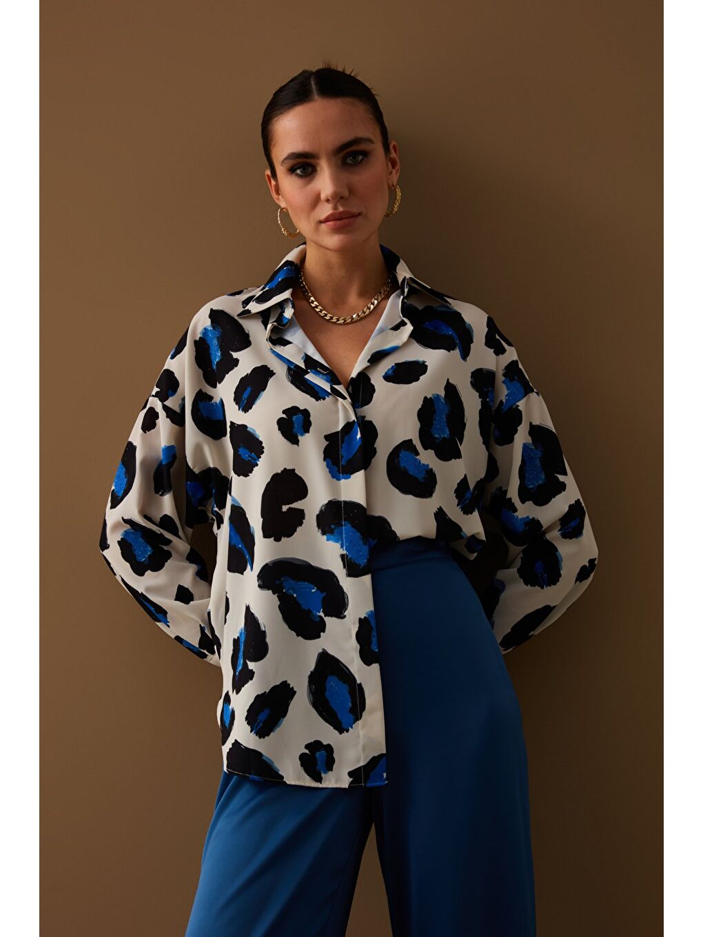Renkli Leopar Desenli Salaş Gömlek - Sax Mavi-2