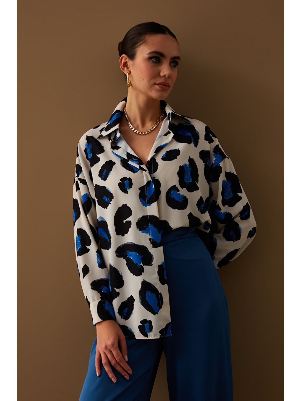Renkli Leopar Desenli Salaş Gömlek - Sax Mavi-3