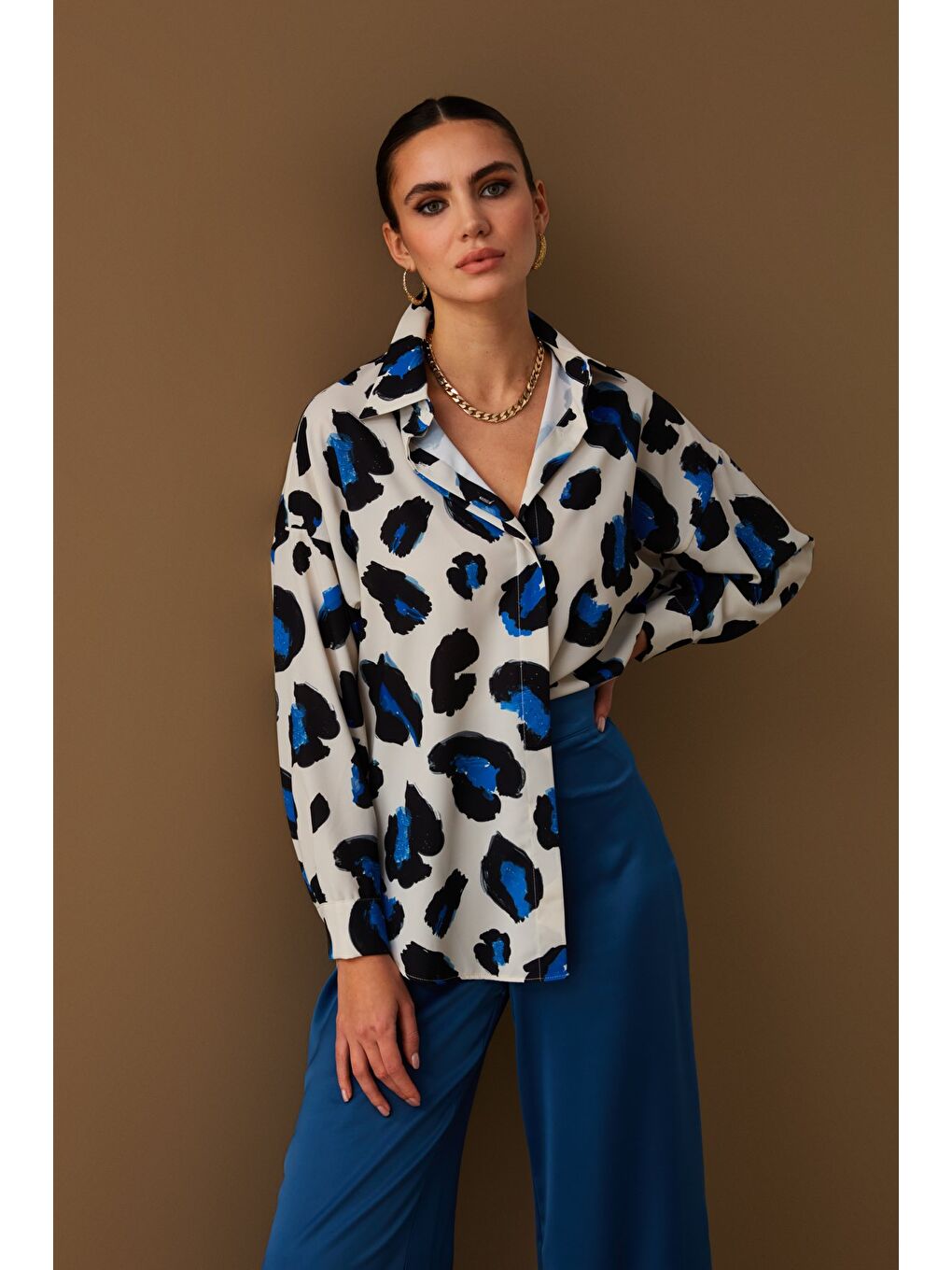 Renkli Leopar Desenli Salaş Gömlek - Sax Mavi-4