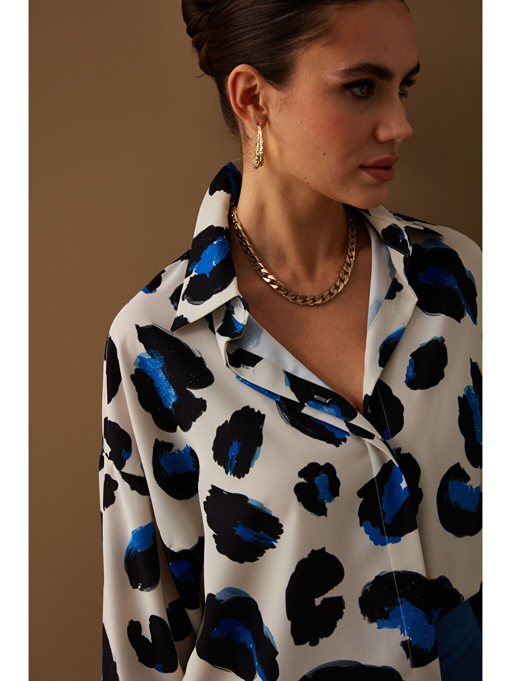 Renkli Leopar Desenli Salaş Gömlek - Sax Mavi-5