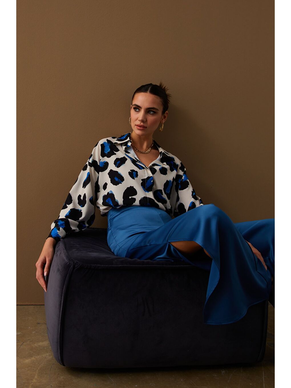 Renkli Leopar Desenli Salaş Gömlek - Sax Mavi-7