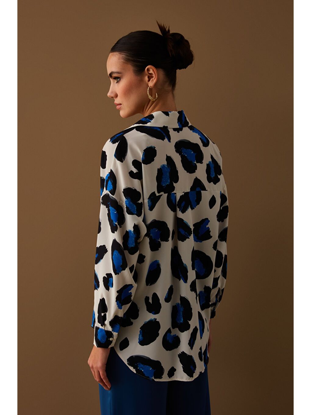 Renkli Leopar Desenli Salaş Gömlek - Sax Mavi-8
